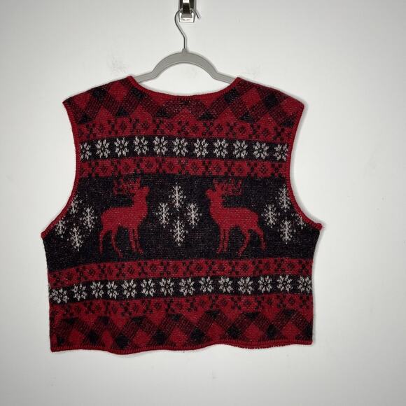 Coldwater Creek Sweater Vest Womens XL Red 100% Wool Zip Fair Isle Reindeer USA - Picture 5 of 8